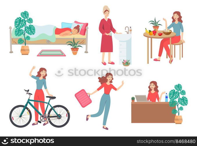 Morning routine of female character vector illustrations set. Daily life of woman, girl waking up, eating breakfast, going to work by bicycle, working isolated on white background. Lifestyle concept