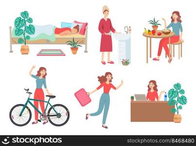 Morning routine of female character vector illustrations set. Daily life of woman, girl waking up, eating breakfast, going to work by bicycle, working isolated on white background. Lifestyle concept
