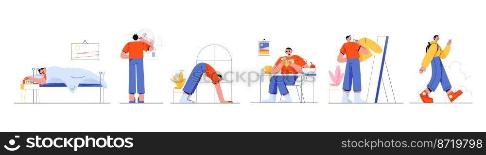 Morning routine of young man, flat character set. Male waking up, shaving, exercising, eating breakfast, dressing, walking outdoors with gadget in hand. Everyday life vector illustration on white. Morning routine of young man, flat character set