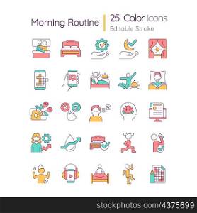 Morning routine RGB color icons set. Activities for positive day start. Isolated vector illustrations. Simple filled line drawings collection. Editable stroke. Quicksand-Light font used. Morning routine RGB color icons set