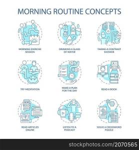 Morning routine turquoise concept icons set. Daily rituals for productivity. Healthy habits idea thin line color illustrations. Isolated outline drawings. Roboto-Medium, Myriad Pro-Bold fonts used. Morning routine turquoise concept icons set