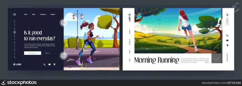 Morning running cartoon landing pages. Young girl jogging in city park and nature landscape. Sportswoman run, outdoor sports activity. Fit female character in headset exercising, Vector web banners. Morning running cartoon landing, healthy lifestyle