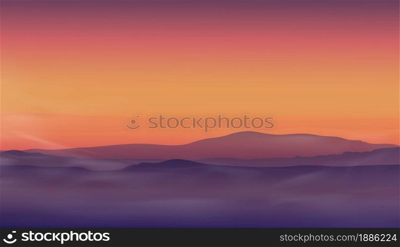 Morning sunrise with color sky in orange,yellow,pink and magenta with mountains background,Dramatic twilight skyline landscape with Sunset in evening,Vector horizon banner of Sunlight for four season