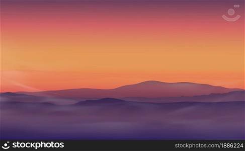 Morning sunrise with color sky in orange,yellow,pink and magenta with mountains background,Dramatic twilight skyline landscape with Sunset in evening,Vector horizon banner of Sunlight for four season