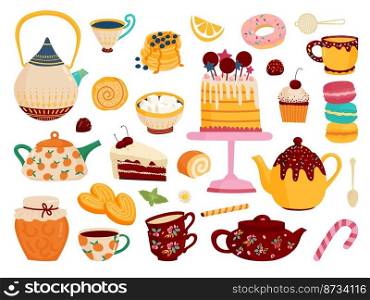 Morning sweets and desserts. Warm pancakes with jam, cake and donuts. Cute kitchen teapot and cups. Isolated sweet teatime classy vector set of dessert morning food illustration. Morning sweets and desserts. Warm pancakes with jam, cake and donuts. Cute kitchen teapot and cups. Isolated sweet teatime classy vector set