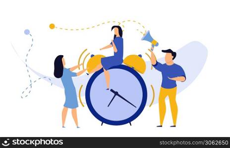 Morning time for business people work icon. Man and woman concept vector illustration flat office banner. Schedule planner date clock event. Deadline team alert bell problem network stress