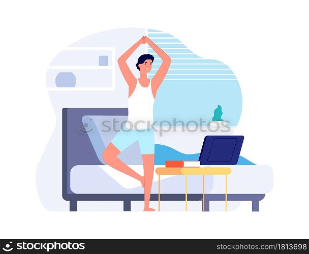 Morning training. Healthy lifestyle, man workout with online coach. Home sporting vector illustration. Healthy training and activity at home. Morning training. Healthy lifestyle, man workout with online coach. Home sporting vector illustration