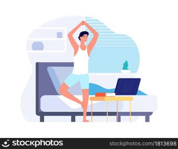 Morning training. Healthy lifestyle, man workout with online coach. Home sporting vector illustration. Healthy training and activity at home. Morning training. Healthy lifestyle, man workout with online coach. Home sporting vector illustration