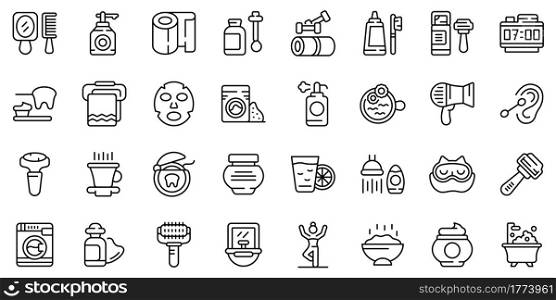 Morning treatments icons set. Outline set of morning treatments vector icons for web design isolated on white background. Morning treatments icons set, outline style