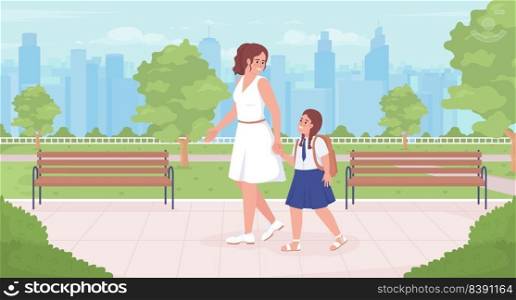 Morning walking to school flat color vector illustration. Family bonding. Mother with daughter in school uniform. Fully editable 2D simple cartoon characters with park and cityscape on background. Morning walking to school flat color vector illustration