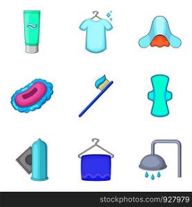 Morning wash cleaning icon set. Cartoon set of 9 morning wash cleaning vector icons for web design isolated on white background. Morning wash cleaning icon set, cartoon style