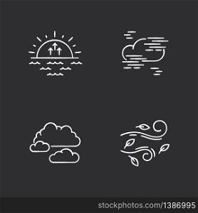 Morning weather chalk white icons set on black background. Meteorological forecast, environment condition report. Sunrise, fog, cloudy sky and strong wind. Isolated vector chalkboard illustrations. Morning weather chalk white icons set on black background