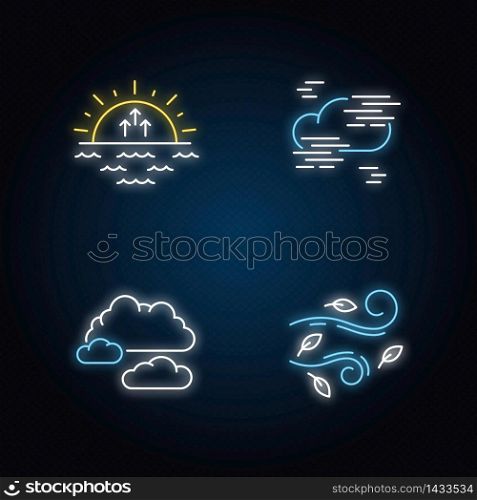 Morning weather neon light icons set. Meteorological forecast, environment condition signs with outer glowing effect. Sunrise, fog, cloudy sky and strong wind. Vector isolated RGB color illustrations. Morning weather neon light icons set