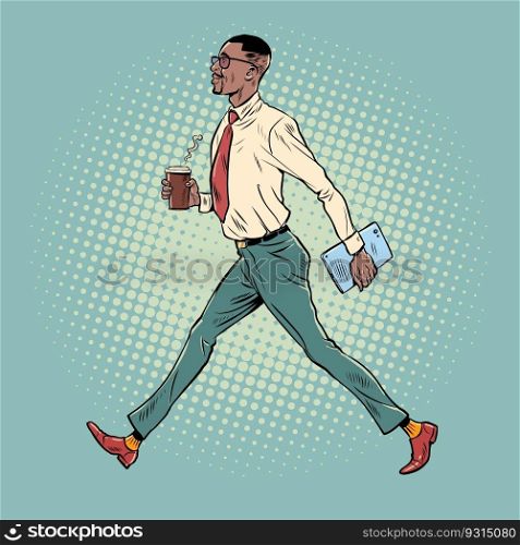 Morning work routine of an office worker. African American businessman goes to work. A man in a suit walks with a folder and a cup of coffee. Pop Art Retro Vector Illustration Kitsch Vintage 50s 60s Style. Morning work routine of an office worker. African American businessman goes to work. A man in a suit walks with a folder and a cup of coffee. Pop Art Retro
