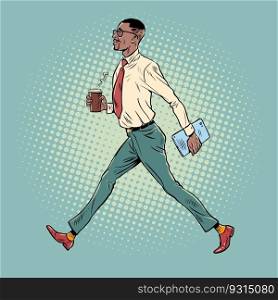 Morning work routine of an office worker. African American businessman goes to work. A man in a suit walks with a folder and a cup of coffee. Pop Art Retro Vector Illustration Kitsch Vintage 50s 60s Style. Morning work routine of an office worker. African American businessman goes to work. A man in a suit walks with a folder and a cup of coffee. Pop Art Retro