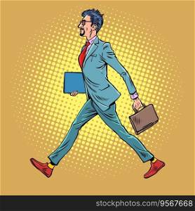 Morning work routine of an office worker. The businessman goes to work. A man in a suit walks with a briefcase and documents. Pop Art Retro Vector Illustration Kitsch Vintage 50s 60s Style. Morning work routine of an office worker. The businessman goes to work. A man in a suit walks with a briefcase and documents. Pop Art Retro