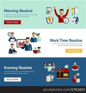 Morning working hours and evening daily routine businessman cartoon character horizontal flat banners abstract isolated vector illustration