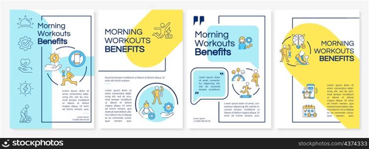 Morning workout benefits blue and yellow brochure template. Booklet print design with linear icons. Vector layouts for presentation, annual reports, ads. Questrial-Regular, Lato-Regular fonts used. Morning workout benefits blue and yellow brochure template