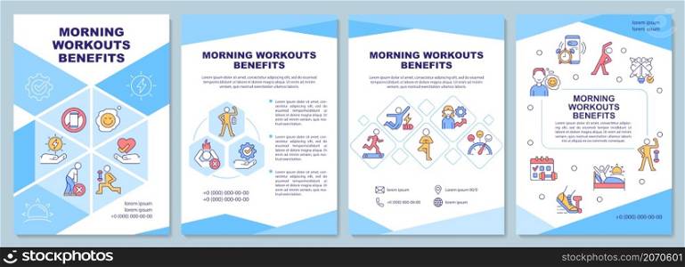 Morning workout benefits blue brochure template. Sports life. Booklet print design with linear icons. Vector layouts for presentation, annual reports, ads. Arial-Black, Myriad Pro-Regular fonts used. Morning workout benefits blue brochure template