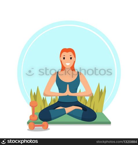 Morning Workout Fitness Happy Girl in City Park. Image Character Smiling Young Girl Sitting in Lotus Pose on Green Mat with Dumbbell. Workout Yoga in Outdoor. Isolated on White Background