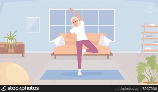Morning workout flat color vector illustration. Cheerful blond young woman warming up on yoga mat. Fully editable 2D simple cartoon character with cozy living room interior on background. Morning workout flat color vector illustration