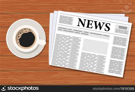 Morning world news with cup coffee and folded newspaper on dark wood background. Vector illustration in flat style. Morning world news