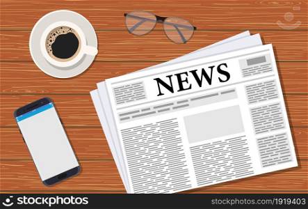 Morning world news with cup coffee, smartphone, glasses and folded newspaper on dark wood background. Vector illustration in flat style. Morning world news