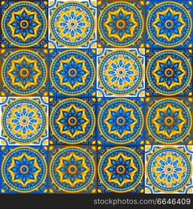 Moroccan ceramic tile seamless pattern. Ethnic floral motifs. Mediterranean traditional folk ornament. Portuguese azulejo, mexican talavera or spanish majolica.. Moroccan ceramic tile seamless pattern.