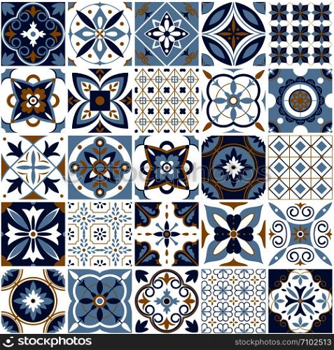 Moroccan pattern. Decor tile texture print mosaic oriental pattern with blue ornament arabesque. Traditional arabic and indian pottery tiling seamless patterns fabric wall interior cloth vector set. Moroccan pattern. Decor tile texture with blue ornament. Traditional arabic and indian pottery tiling seamless patterns vector set