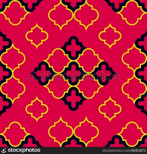 Moroccan Quatrefoil Seamless Pattern In Fuchsia And Gold. Mosaic Motif Ogee For Ethnic Background. Suitable For Decorating Baby Shower Card, Wedding, Surface Design, Fabrics, Textiles Wrapping Paper. Moroccan Quatrefoil Seamless Pattern Mosaic Ogee Vector