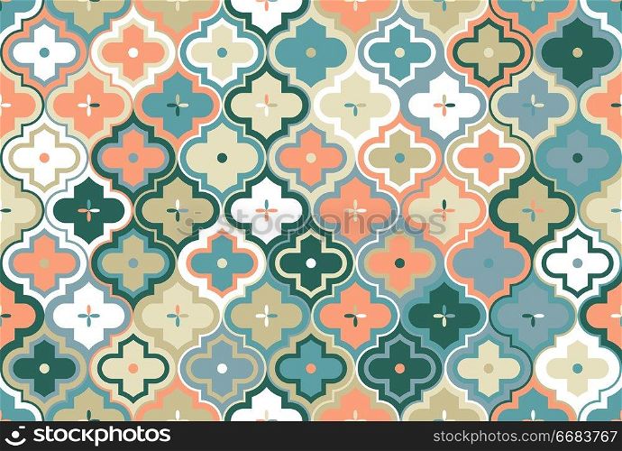 Moroccan Quatrefoil Seamless Pattern. Mosaic Motif Ogee For Ethnic Background. Suitable For Decorating Baby Shower Card, Wedding, Surface Design, Fabrics, Textiles Wrapping Paper. Moroccan Quatrefoil Seamless Pattern Mosaic Ogee Vector