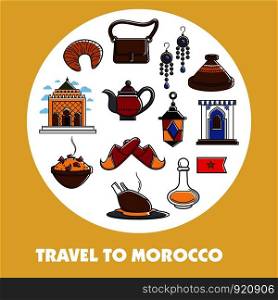 Moroccan symbols promo poster with cultural elements and sample text. Architectural landmarks, delicious food, old teapot, expensive earrings, leather handbag and national flag vector illustrations.. Moroccan symbols promo poster with cultural elements and sample text.