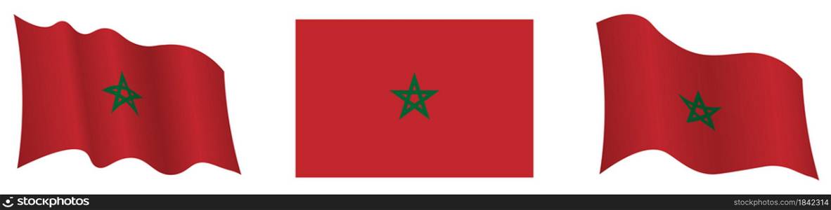 morocco flag in static position and in motion, fluttering in wind in exact colors and sizes, on white background