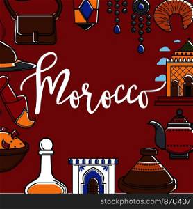 Morocco promo poster with country symbols around sign. Exotic African country as travel destination commercial banner with national culture elements cartoon flat vector illustration on banner.. Morocco promo poster with country symbols around sign