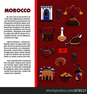Morocco travel agency promo informative poster with cultural symbols. Elegant garments, exotic dishes, old relics, antique jewelry and unusual garments vector illustrations on banner with sample text.. Morocco travel agency promo informative poster with cultural symbols