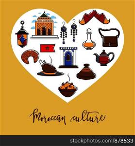 Morocco travel agency promo informative poster with cultural symbols. Elegant garments, exotic dishes, old relics, antique jewelry and unusual garments vector illustrations on banner with sample text.. Morocco travel agency promo informative poster with cultural symbols