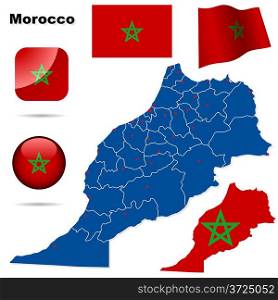 Morocco vector set. Detailed country shape with region borders, flags and icons isolated on white background.