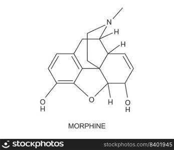 Morphine chemical molecular structure icon. Medical opioid drug formula isolated on white background. Alkaloid with analgesic painkiller effect. Vector graphic illustration. Morphine chemical molecular structure icon. Medical opioid drug formula isolated on white background. Alkaloid with analgesic painkiller effect