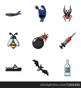 Mortal danger icons set. Cartoon set of 9 mortal danger vector icons for web isolated on white background. Mortal danger icons set, cartoon style