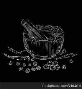 Mortar and pestle concept on blackboard. Pepper set. Grinding spices and food ingredients. Vintage engraved style. Vector illustration. Mortar and pestle concept on blackboard. Pepper set. Grinding spices and food ingredients.