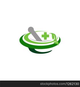 mortar and pestle logo icon, health medical pharmacy plus symbol vector design illustration
