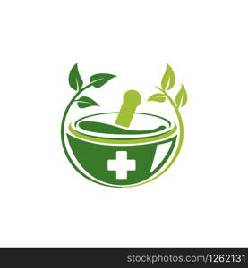 mortar and pestle logo icon, health medical pharmacy symbol vector design illustration