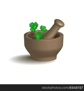 Mortar and Pestle. Mortar and Pestle with herbs. Vector illustration.