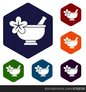 Mortar and pestle pharmacy icons set rhombus in different colors isolated on white background. Mortar and pestle pharmacy icons set