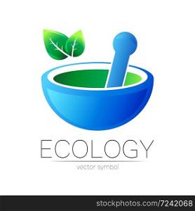 Mortar and pestle vector symbol. Logo of nature herb illustration. Concept for ecology, eco, organic, medicine and herb therapy product. Alternative medical logotype. Blue bowl and green leaf.. Mortar and pestle vector symbol. Logo of nature herb illustration. Concept for ecology, eco, organic, medicine and herb therapy product. Alternative medical logotype. Blue bowl and green leaf