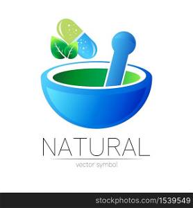 Mortar and pestle vector symbol with pill capsule and leaf. Logo of nature herb illustration. Concept for ecology, eco, organic, medicine and herb therapy product. Alternative medical logotype. Mortar and pestle vector symbol with pill capsule and leaf. Logo of nature herb illustration. Concept for ecology, eco, organic, medicine and herb therapy product. Alternative medical logotype.