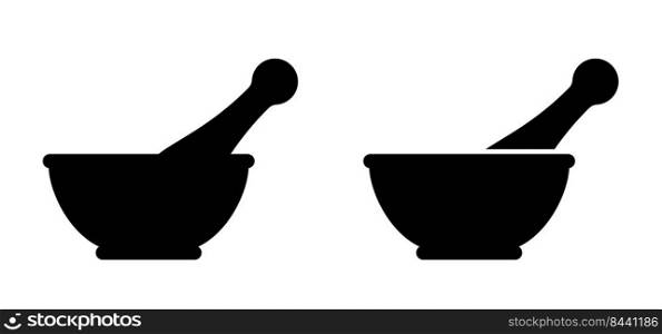 Mortar to grind herbs. Kitchenware icon. Mortars and pestle. Mixing herbal medicine icon. Pharmacy logo. Mortar and pusher for herb grinding. Medicine bowl. Healthy food, meal concept.