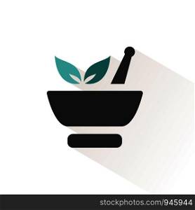 Mortar with leaves. Flat color icon with beige shade. Pharmacy vector illustration