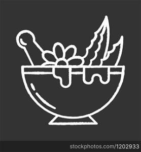 Mortar with pestle chalk white icon on black background. Graining leaves for liquid. Aloe vera sprouts. Plants in bowl. Medicinal herbs and flowers. Isolated vector chalkboard illustration