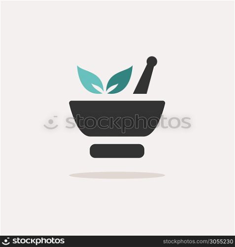 Mortar with plants. Icon with shadow on a beige background. Pharmacy flat vector illustration